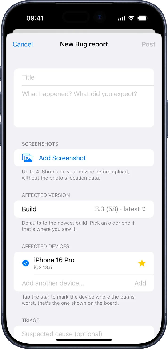 The new bug report sheet: screenshots, the affected build picked from a list, and the device ticked automatically