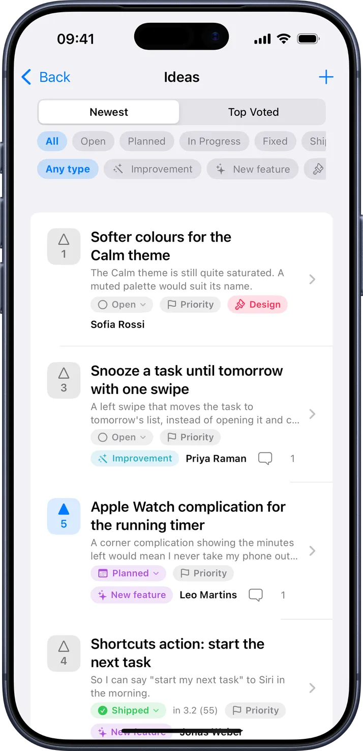 The ideas board, sorted by votes, with type tags