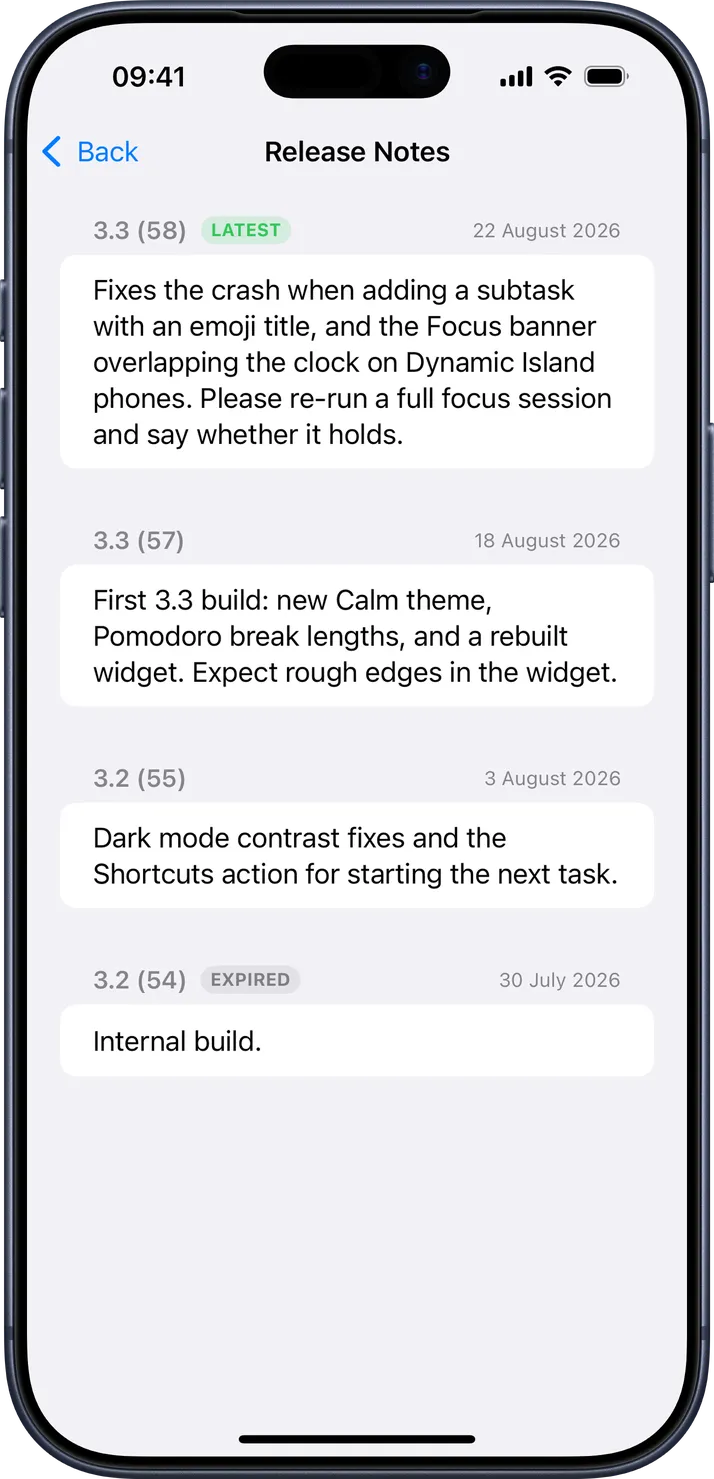 Release notes for each build, the latest marked, an expired one greyed