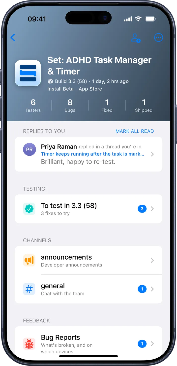 A space in Snagbox: the app's banner with the latest build, replies to you, the To Test list, channels and boards